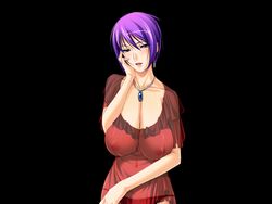 blush cleavage game_cg huge_breasts ichikawa_noa inraku_no_ketsuzoku jewelry kiryuu_reika lingerie mole necklace negligee nipples panties purple_hair see-through short_hair underwear