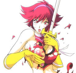 00s 1girls android breasts choker cutie_honey cutie_honey_(character) female female_only gloves hairband headband heart honey_kisaragi konkitto large_breasts light-skinned_female light_skin magical_girl nipples open_mouth pink_eyes pink_hair re:_cutie_honey red_hair shirt short_hair solo sword torn_clothes torn_shirt weapon