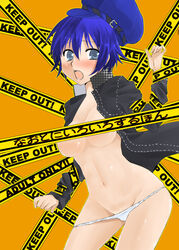 1girls blue_eyes blue_hair blush breasts cabbie_hat caution_tape doujinshi hat keep_out nipples open_clothes open_shirt panties persona persona_4 shirogane_naoto shirt short_hair sora_megumu translation_request underwear