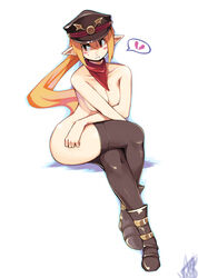 blush breasts broken_heart crossed_legs disgaea disgaea_3 eric_muentes hat hips legs legs_crossed nippon_ichi_software nude pointy_ears red_eyes salvatore sitting thighhighs