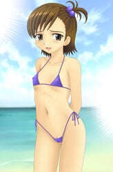 female arms_behind_back beach bikini breasts brown_hair clitoris_slip clitslip erect_nipples futami_mami hair_bobbles highres idolmaster koneko_houseeuh micro_bikini pussy pussy_peek side-tie_bikini side_ponytail small_breasts solo sweat swimsuit