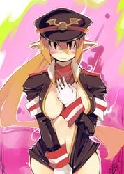 blush bottomless breasts brown_hair cleavage coat disgaea disgaea_3 embarrassed eric_muentes gloves hat highres navel nippon_ichi_software pointy_ears red_eyes salvatore white_gloves