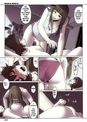 2girls bed blush breasts english female hand_in_panties hard_translated kishi_torajiro licking lying maka_maka multiple_girls nipple_tweak nipples nude panties translated yuri