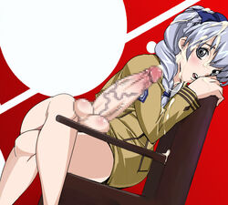 braid censored chair clothing cum cum_on_face full_metal_panic futanari intersex legs_crossed long_hair penis silver_hair sitting teletha_testarossa testicles uniform