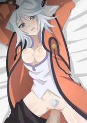 bed biting_lip blue_eyess breasts censored biting_lip lying penis pubic_hair pussy raine_sage short_hair silver_hair tales_of_(series) tales_of_symphonia vagina white_hair