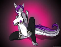 2014 anthro bra breasts canine demona69 female fur furry hair jess_(teckly) large_breasts legwear lingerie looking_at_viewer mammal navel nipples pinup pose purple_hair purple_nipples pussy sitting smile solo spread_legs stockings thighhighs uncensored wolf