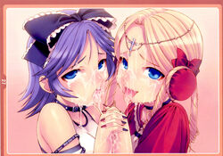 2girls blonde_hair blue_eyes blue_hair bow breasts collar cross cum cum_in_mouth cum_on_body cum_on_breasts cum_on_face cum_on_upper_body facial highres multiple_girls nail_polish rolling_eyes saliva short_hair slave super_robot_wars tasaka_shinnosuke tongue