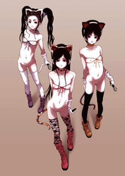 animal_ears black_eyes black_hair boots cat_ears cat_tail collar female flat_chest gloves hairband knee_boots long_hair microphone multiple_girls nipples nude original pussy short_hair string tail thighhighs tied_hair twintails udai uncensored