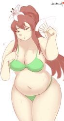 1girls bbw belly big_belly big_breasts breasts brown_hair chubby doki_doki_literature_club fat female female_only green_bikini green_eyes huge_breasts lewddoodler light-skinned_female light_skin long_hair monika_(doki_doki_literature_club) solo solo_female standing thick_thighs white_background wide_hips