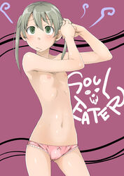 1girls blonde_hair blush breasts cameltoe female flat_chest green_eyes maka_albarn no_bra no_pants panties pink_panties sakura_kotetsu solo soul_eater tied_hair topless twintails underwear underwear_only