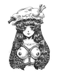 areolae bangs blunt_bangs bondage bow breasts bust collarbone crescent female female_only greyscale hairbow hat human ink_(medium) long_hair looking_at_viewer monochrome nipples nude nurumayo_rio_(pixiv18242) nurumayu_on patchouli_knowledge rope simple_background solo touhou traditional_media very_long_hair white_background