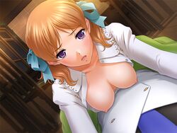 blush breasts game_cg kusakabe_rurune majodou open_clothes open_shirt purple_eyes sano_toshihide shirt short_hair