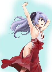 07th_expansion ahoge armpits breasts female hakama hanyuu higurashi_no_naku_koro_ni hips horns japanese_clothes long_hair miko nipple_slip nipples no_bra no_panties oyatsu_(hanyu) purple_eyes purple_hair simple_background small_breasts solo