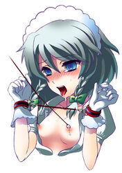 1girls bondage braid cuffs female flat_chest linked_piercings merue nipple_piercing nipple_pull nipple_torture nipples open_clothes open_shirt piercing sakuya_izayoi shirt short_hair silver_hair solo torment touhou twin_braids