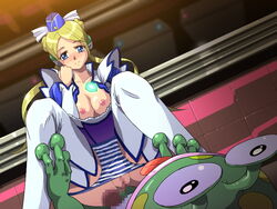 blonde_hair blue_eyes breasts frog human_with_monster phantasy_star phantasy_star_universe plump_labia smile striped striped_panties