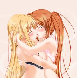 amicis blonde_hair bra bra_lift bra_pull breast_press breasts brown_hair closed_eyes fate_testarossa female french_kiss hug kissing lingerie long_hair lyrical_nanoha mahou_shoujo_lyrical_nanoha multiple_girls mutual_yuri saliva takamachi_nanoha tongue underwear yuri