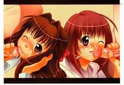 brown_hair censored cum cum_in_mouth dnangel facial fellatio handjob harada_risa oral penis red_hair riku_harada risa_harada smile twins wink