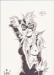 1girls black_cat_(marvel) breasts cosplay costume dialogue ear_piercing earrings english_text exposed_breast felicia_hardy female female_only human marvel messy_hair rebecca_buck solo speech_bubble spider-man_(series) tank_girl torn_clothes traditional_media_(artwork)