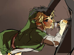 2boys artist_request belt black_skin blonde_hair blue_eyes censored clothed_male_nude_male cum cum_on_face elf empty_eyes fellatio green_hat green_shirt hair_between_eyes hand_on_head handjob hat head_grab highres hylian link link_(twilight_princess) looking_at_another male male_only multiple_boys multiple_males nintendo nude oral penis shadow_beast shirt short_hair the_legend_of_zelda twilight_princess yaoi