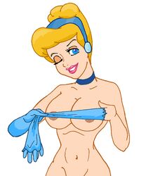 1girls big_breasts breasts cinderella_(1950_film) cinderella_(disney) disney disney_princess duckymomoisme female female_only gloves nipples removing_glove solo solo_female white_background wink winking