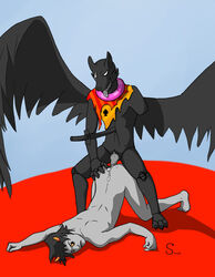 2boys amputee anal ass bec_noir black_fur black_hair carapace dog_ears furry gay grey_skin homestuck horns interspecies jack_noir karkat_vantas male ms_paint_adventures naked one_eye_closed open_mouth penis rape ripped_clothing sasq sharp_teeth short_hair smile sword tongue_out white_eyes wings yellow_eyes