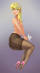 ass blonde_hair breasts female flowers friendship_is_magic high_heels humanized ipan lily_valley_(mlp) my_little_pony nipples pantyhose plain_background see-through solo topless yellow_eyes