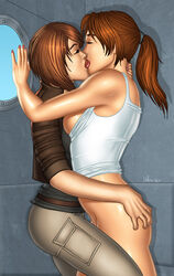 1girls 2girls alternate_version_available asian bob_cut bottomless breasts_out british brown_eyes brown_hair closed_eyes deberzer embracer_group european female female_only french_kiss kiss kissing lara_croft lara_croft_(survivor) multiple_girls no_panties passionate ponytail revision samantha_nishimura tagme tomb_raider yuri