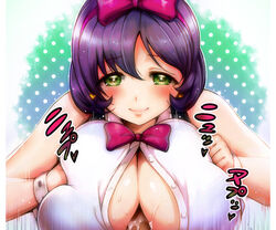 anaumenondai blush bow breasts cum earrings female green_eyes hairband hairbow huge_breasts jewelry lips love_live! love_live!_school_idol_project male open_clothes open_shirt paizuri penis purple_hair smile straight toujou_nozomi