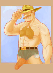 1boy bara bare_legs chest_hair erect_nipples facial_hair green_eyes hairy half-erect hat holding_hat human male male_only muscle partially_clothed penis penis_out presenting_penis retracted_foreskin saxton_hale shirtless shorts_aside solo tagme team_fortress_2 testicles tooth_gleam ultrabaguette