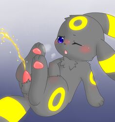 anus balls blue_eyes blush eeveelution fur furry_ears furry_tail lying male male_only nintendo peeing penis pisho pokemon solo tail umbreon urine video_games