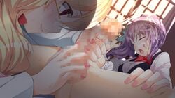 16:9 2girls blonde_hair blush censored eleonora_vletoblood game_cg glasses hinasaki long_hair maternity_monsters!_~dekichaimashita!~ nail_polish penis pink_eyes purple_eyes purple_hair tsukinashi_maya