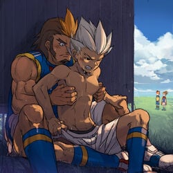 gay hiding inazuma_eleven male_only mamoru_endou muscular_male nikism nipple_play outdoors raiden_hijikata shuuya_gouenji sousuke000 sweat tagme topless yaoi yuuto_kidou