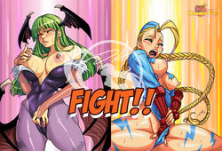 2girls alternate_costume areola blonde_hair blush breast_fondling breast_grab breast_squeeze breasts breasts_out busty cammy_white capcom cleavage clothed_masturbation clothing crossover curvy darkereve darkstalkers erect_nipples female female_only garrison_cap green_hair human large_breasts leotard masturbation morrigan_aensland multiple_females multiple_girls nipple_fondling nipples small_breasts street_fighter street_fighter_alpha succubus sweat torn_clothes voluptuous