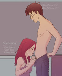 1boy 1girls chalkboard classroom closed_eyes detention female harry_potter hogwarts imminent_oral james_potter julvett lily_evans male medium_breasts mouth_open open_mouth red_hair school shirtless tagme