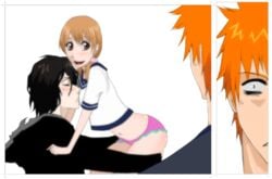 1girls 2boys black_hair bleach blush brown_eyes clothed female ichigo_kurosaki kurosaki_ichigo kurosaki_yuzu male navel orange_hair panties pigtails short_hair tagme yhwach yuzu_kurosaki zangetsu zanpakutou_spirit