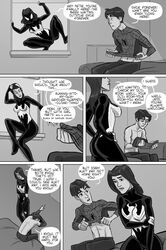 1boy 1boy1girl 1girls bed bedroom black_and_white clonecest comic female jessica_drew male marvel marvel_comics peter_parker selfcest spider-man spider-man_(series) spider-woman stickymon straight_hair tracyscops ultimate_spider-man ultimate_spider-woman undressing