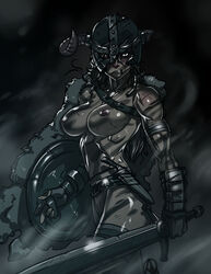 1girls angry armor ass bandage bandages belt big_ass big_breasts black_eyes bottomless breasts dagger dark dark_background dark_nipples dovahkiin female female_dovahkiin female_only ganassa gloves grey_hair half-dressed helmet horns human large_breasts long_hair looking_at_viewer muscles muscular muscular_female nipples nord scar scars scratch scratches shield skyrim solo sword teeth the_elder_scrolls topless unconvincing_armor war_paint weapon