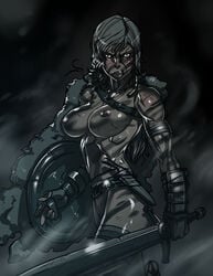 1girls angry armor ass bandage bandages belt big_ass big_breasts black_eyes bottomless breasts dagger dark dark_background dark_nipples dovahkiin female female_dovahkiin female_only ganassa gloves grey_hair half-dressed human large_breasts long_hair looking_at_viewer muscles muscular muscular_female nipples nord scar scars scratch scratches shield skyrim solo sword teeth the_elder_scrolls topless unconvincing_armor war_paint weapon