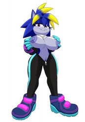 areola big_breasts bodysuit breasts clothing fan_character footwear gloves hair hedgehog invalid_tag looking_at_viewer mammal multicolored_hair navel nipples pussy ravnic scarf shoes smile sonic_(series) sonic_forces swissy swissy_the_hedgehog thick_thighs tight_clothing two_tone_hair video_games