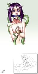 1girls ball_gag beast_boy breasts dc dc_comics female gag medium_breasts navel nipples nude purple_eyes purple_hair raven_(dc) saneperson short_hair straight_hair sweat teen_titans tentacle