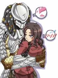 1boy 1girls alexa_woods alien alien/human alien_vs_predator blush breasts female heart hug human interspecies male predator_(franchise) scar_(predator) yautja