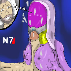 1boy 1girls alien_girl artist_request bioware commander_shepard female male maleshep masked_female mass_effect nude nude_female nude_male paizuri penis purple_skin quarian straight tagme tali'zorah_nar_rayya