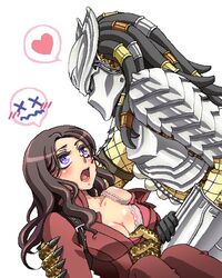 1boy 1girls alexa_woods alien alien/human alien_vs_predator assisted_exposure big_breasts blush breasts cleavage female heart human interspecies male predator_(franchise) scar_(predator) undressing_another unzipping yautja