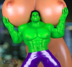 3d abs between_breasts biceps big_hands breast_hold breast_support deltoids female giantess green_skin gunnersteve3d holding_breasts hulk hulk_(series) marvel muscles muscular_male pecs tagme