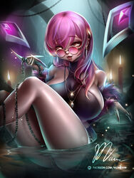 alternate_costume bare_shoulders black_legwear blush breasts evelynn eyebrows_visible_through_hair fantasy female glasses hair_between_eyes k/da_evelynn k/da_series large_breasts league_of_legends long_hair looking_at_viewer looking_over_eyewear looking_over_glasses mumeaw open_mouth pink-tinted_eyewear purple_hair self_upload sitting smile solo sunglasses thighhighs tinted_eyewear tongue weapon yellow_eyes