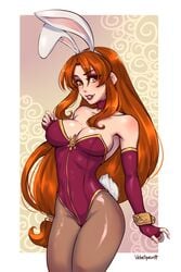 absurdres big_breasts breasts bunny_ears bunny_girl bunnysuit cleavage female female_only highres large_breasts league_of_legends leona_(league_of_legends) looking_at_viewer orange_eyes orange_hair pantyhose riot_games solo velvetqueenh