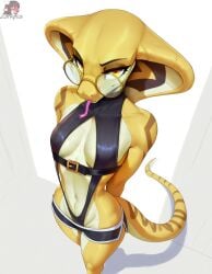 ai_generated anthro belt_buckle breasts eyewear female forked_tongue glasses hi_res long_tail looking_at_viewer non-mammal_breasts reptile round_glasses scalie simple_background slim_female snake snake_hood solo standing tail tongue watermark yellow_eyes zorkpics