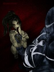 female grabbing grabbing_penis guessuhhhh hug_cock huge_balls huge_cock long_tongue male male/female marvel original_character original_characters smile smiling smirking symbiote urethral_insertion venom venom_(marvel)