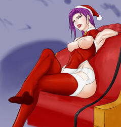 1girls breasts breasts_out earrings feet female female_only femdom leash leashed_pov legs_crossed long_hair looking_at_viewer parted_lips pov pov_feet purple_eyes purple_hair red_legwear santa_costume sheer_legwear sitting solo submissive_pov toes ulukhai