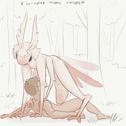 2_fingers 3_toes 4_arms alien antennae_(anatomy) anthro arm_tuft arthropod arthropod_abdomen arthropod_abdomen_genitalia arthropod_abdomen_penetration arthropod_abdomen_vulva black_eyes bodily_fluids duo elbow_tuft feet female female_on_top fingers flapping_wings fluffy fur genitals grabbing_another gradient_body gradient_fur grass hair hands_on_shoulders hi_res human in_heat insects larger_female leg_tuft lepidopteran lying male male/female male_on_bottom mammal moth multi_arm multi_limb nychora on_back on_bottom on_ground on_top outside outside_sex penetration pink_body pink_skin pink_wings plant sex short_hair simple_background size_difference sweat sweatdrop tateoftot text toes translucent translucent_wings tree tuft vaginal_penetration vaginal_tugging vulva white_body white_fur white_hair wings wings_flapping